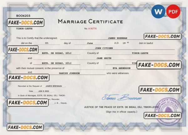 Timor-Leste marriage certificate Word and PDF template, completely editable scan