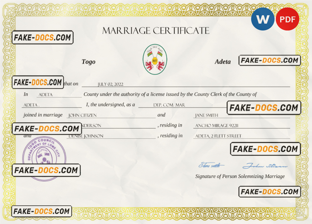 Togo marriage certificate Word and PDF template, fully editable scan