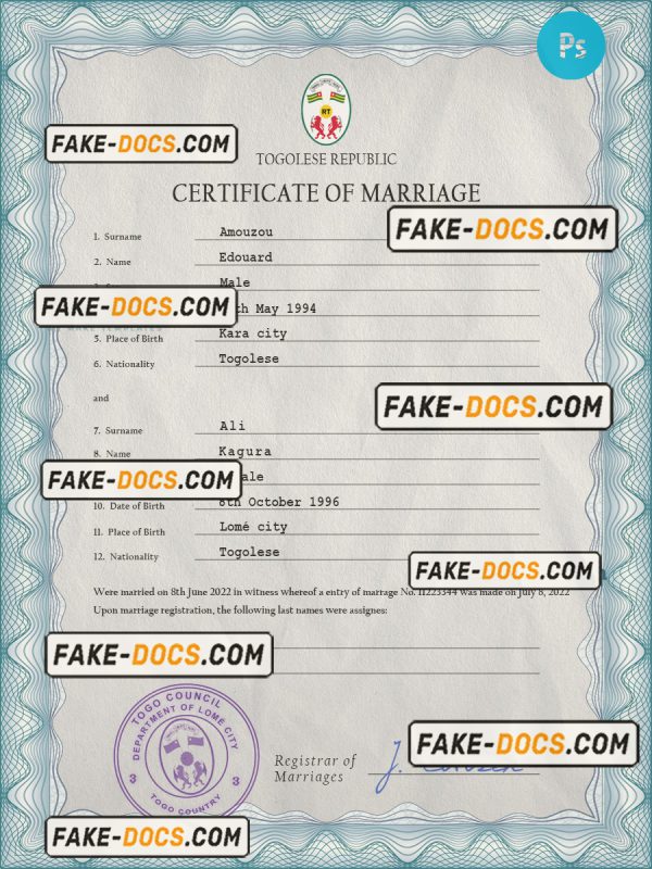 Togo marriage certificate PSD template, completely editable scan