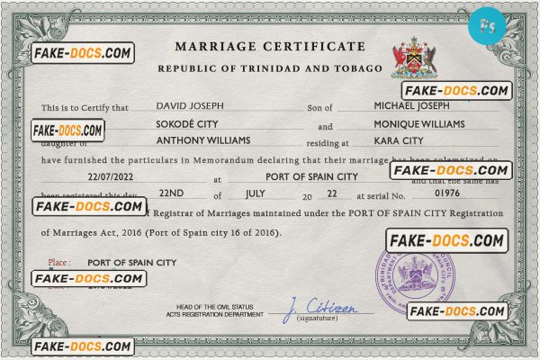 Trinidad and Tobago marriage certificate PSD template, fully editable scan