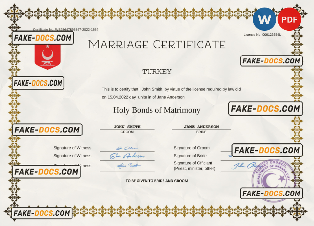 Turkey marriage certificate Word and PDF template, completely editable scan