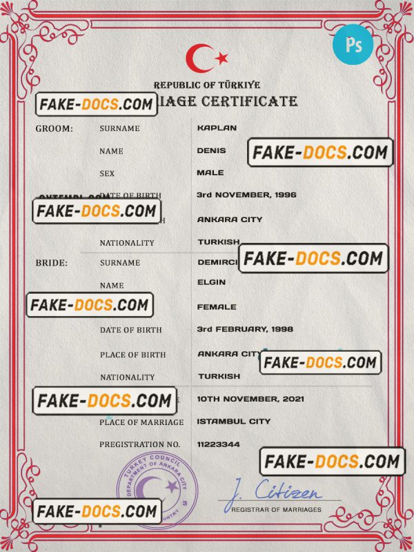 Turkey marriage certificate PSD template, fully editable scan