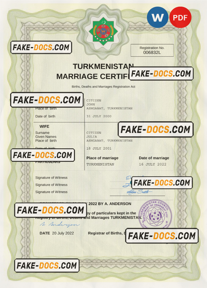 Turkmenistan marriage certificate Word and PDF template, fully editable scan