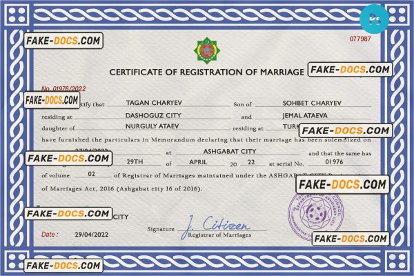 Turkmenistan marriage certificate PSD template, completely editable scan