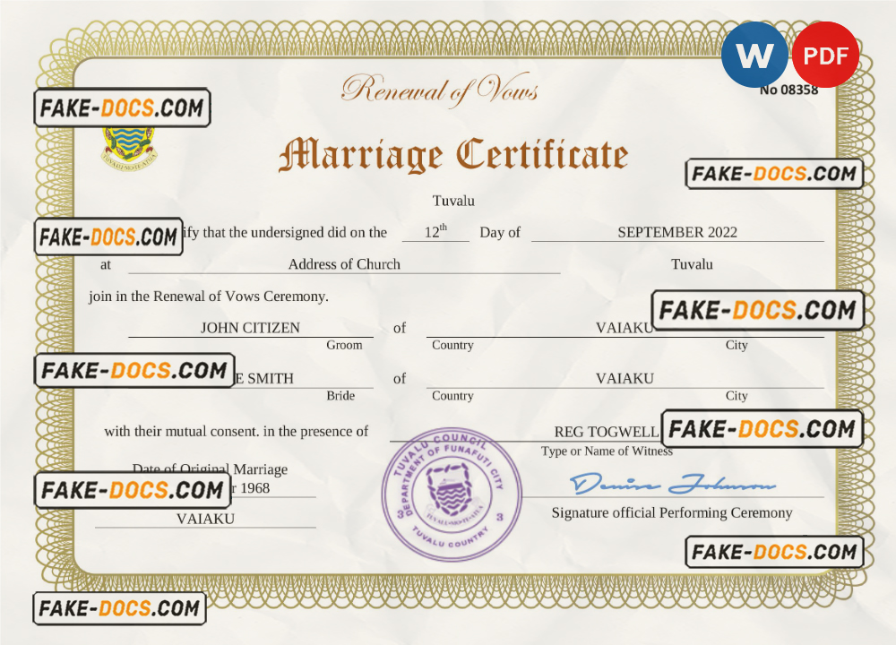 Tuvalu marriage certificate Word and PDF template, completely editable scan