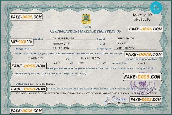 Tuvalu marriage certificate PSD template, fully editable scan