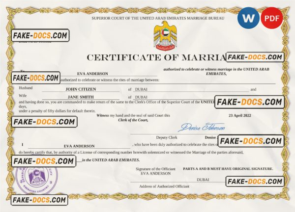 UAE marriage certificate Word and PDF template, fully editable scan