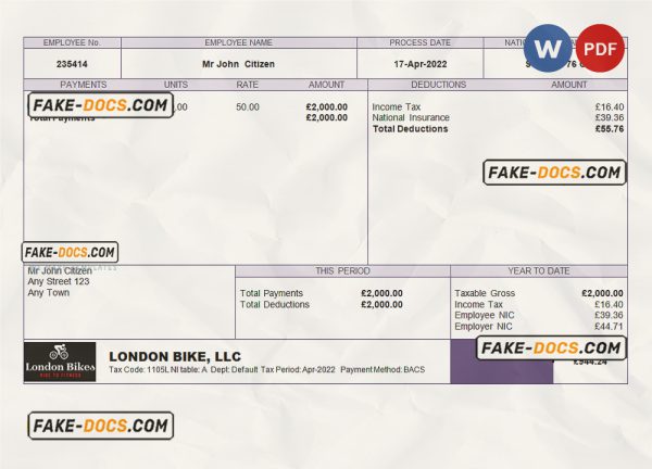 UK biking company employee sheet template in Word and PDF format scan