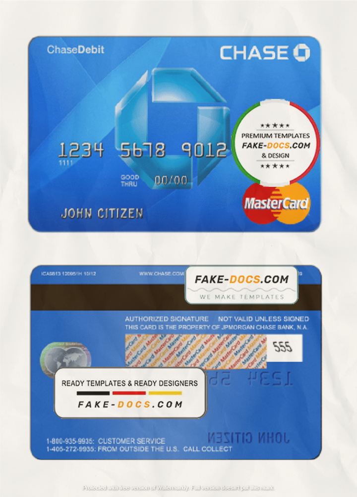 USA Chase bank MasterCard Debit card template in PSD format, fully editable scan