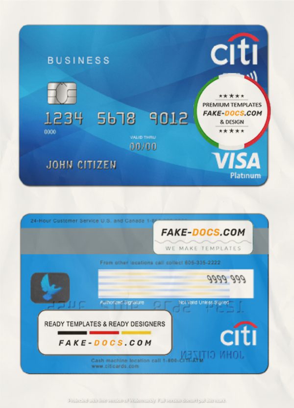 USA Citibank Visa Platinum card template in PSD format, fully editable scan