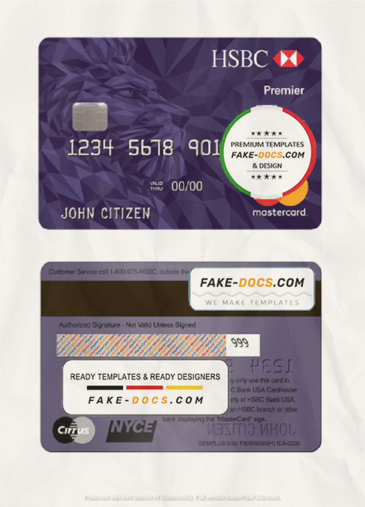 USA HSBC Bank MasterCard Premier World Credit Card template in PSD format, fully editable scan