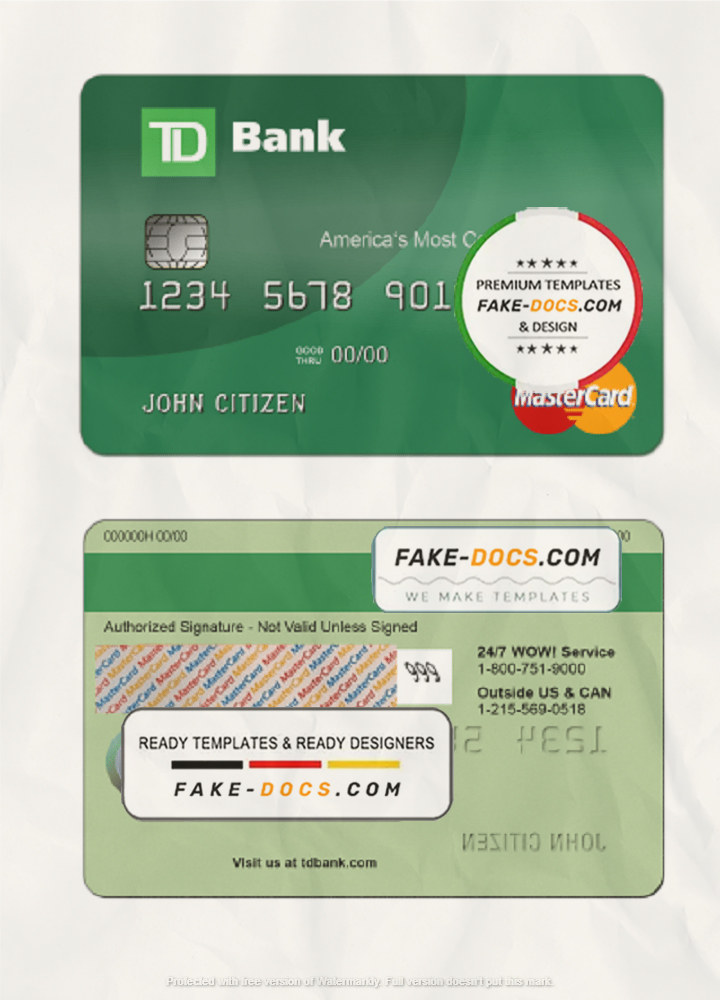 USA TD Bank MasterCard Card template in PSD format, fully editable scan