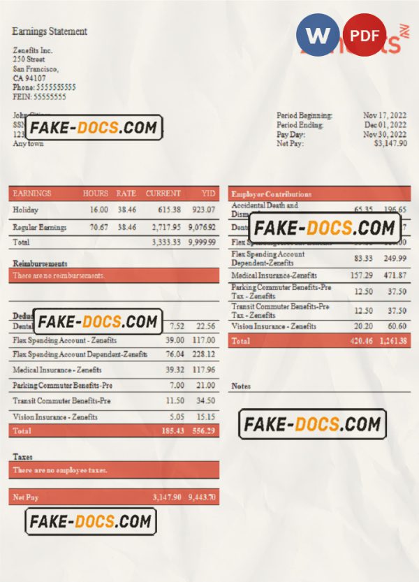 USA Zenefits technology company pay stub Word and PDF template scan