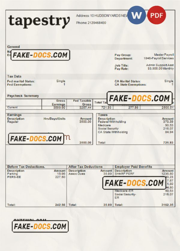 USA apparel company employee sheet template in Word and PDF format scan