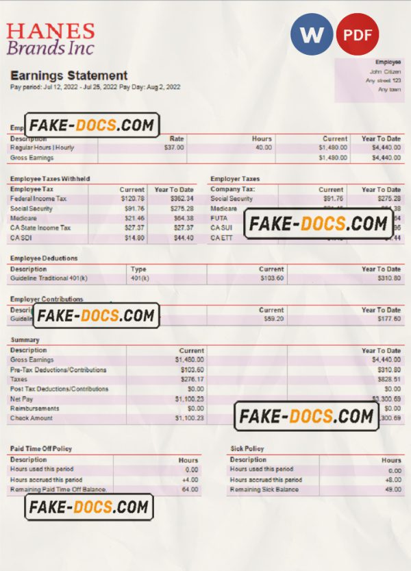 USA clothing company earning statement template in Word and PDF format scan