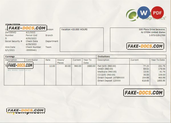 USA diagnostic company employee sheet template in Word and PDF format scan