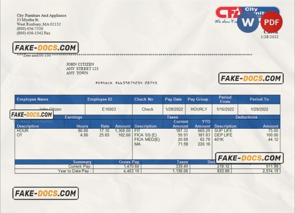 USA furniture & appliances employee sheet template in Word and PDF format