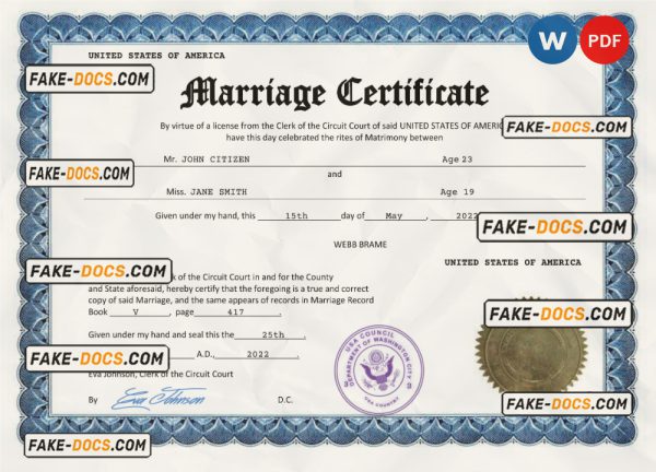 USA marriage certificate Word and PDF template, completely editable scan