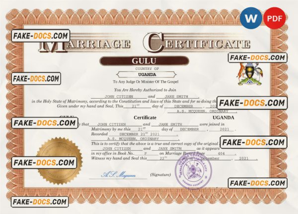 Uganda marriage certificate Word and PDF template, completely editable scan