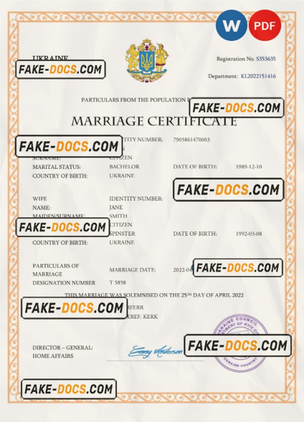 Ukraine marriage certificate Word and PDF template, completely editable scan