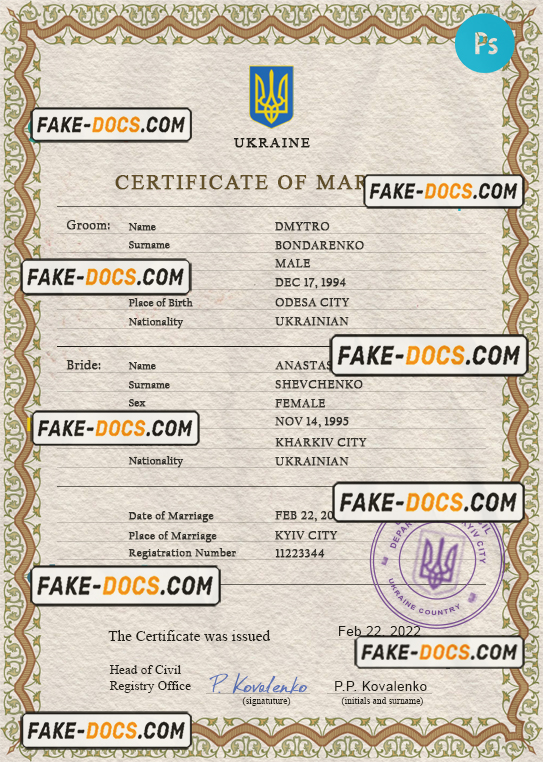 Ukraine marriage certificate PSD template, fully editable scan
