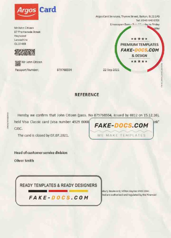 United Kingdom Argos card bank account payment closure reference proof