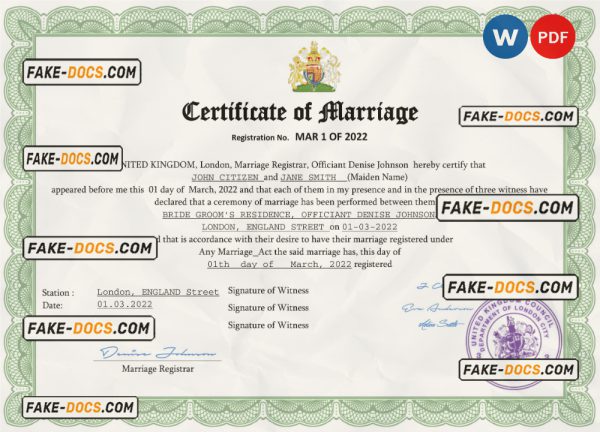 United Kingdom marriage certificate Word and PDF template, fully editable scan