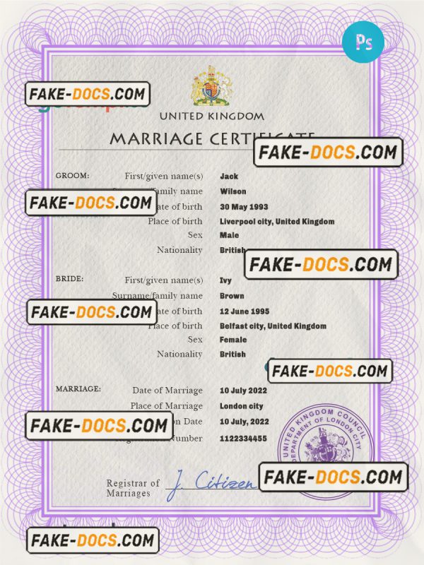 United Kingdom marriage certificate PSD template, fully editable scan