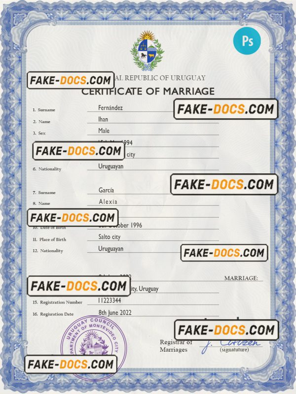 Uruguay marriage certificate PSD template, fully editable scan