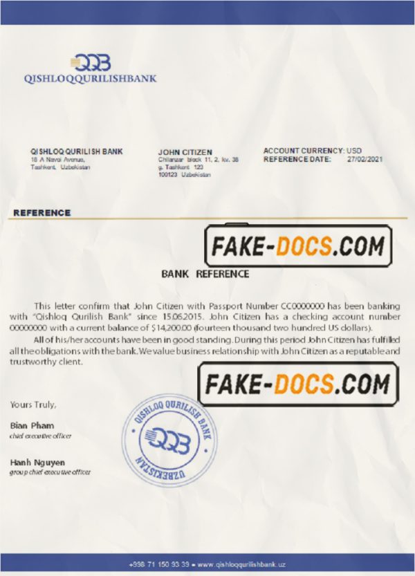 Uzbekistan Qishloq Qurilish Bank account reference letter template in Word and PDF format scan
