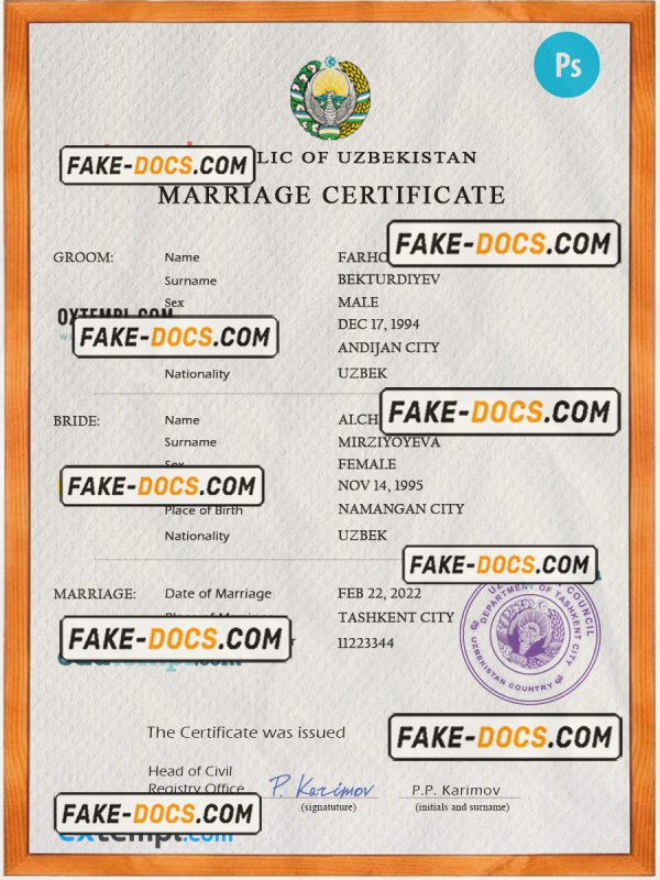 Uzbekistan marriage certificate PSD template, completely editable scan