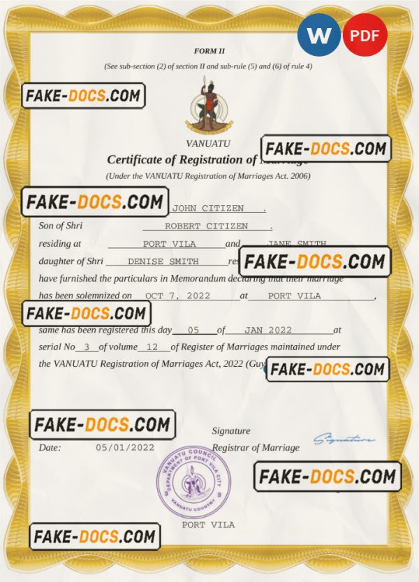 Vanuatu marriage certificate Word and PDF template, fully editable scan