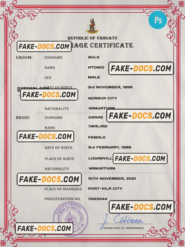 Vanuatu marriage certificate PSD template, fully editable scan