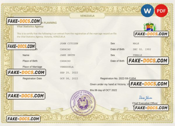 Venezuela marriage certificate Word and PDF template, completely editable scan