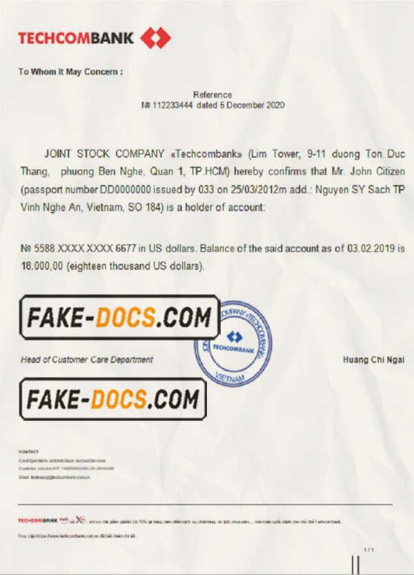 Vietnam Techcombank bank reference letter template in Word and PDF format scan
