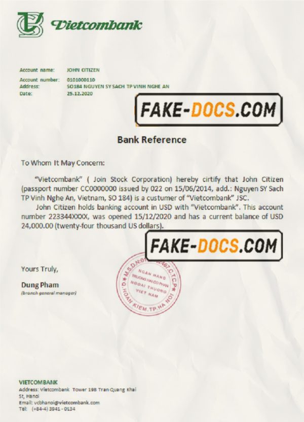 Vietnam Vietcombank bank reference letter template in Word and PDF format scan