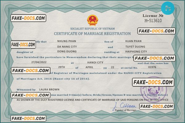 Vietnam marriage certificate PSD template, fully editable scan