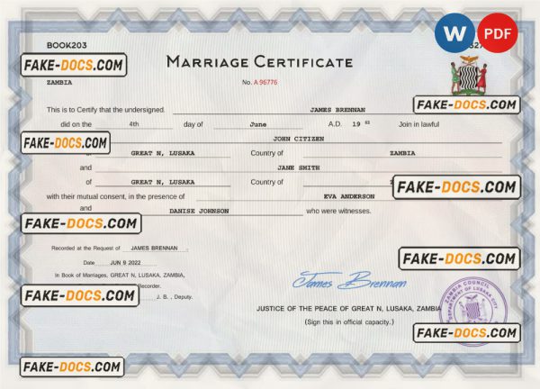 Zambia marriage certificate Word and PDF template, fully editable scan