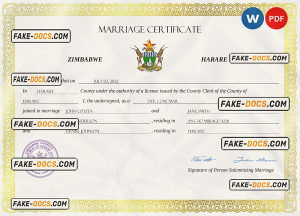 Zimbabwe marriage certificate Word and PDF template, completely editable scan