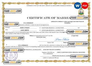 Saint Vincent and Grenadies marriage certificate Word and PDF template, fully editable Saint Vincent and Grenadies marriage certificate Word and PDF template, fully editable