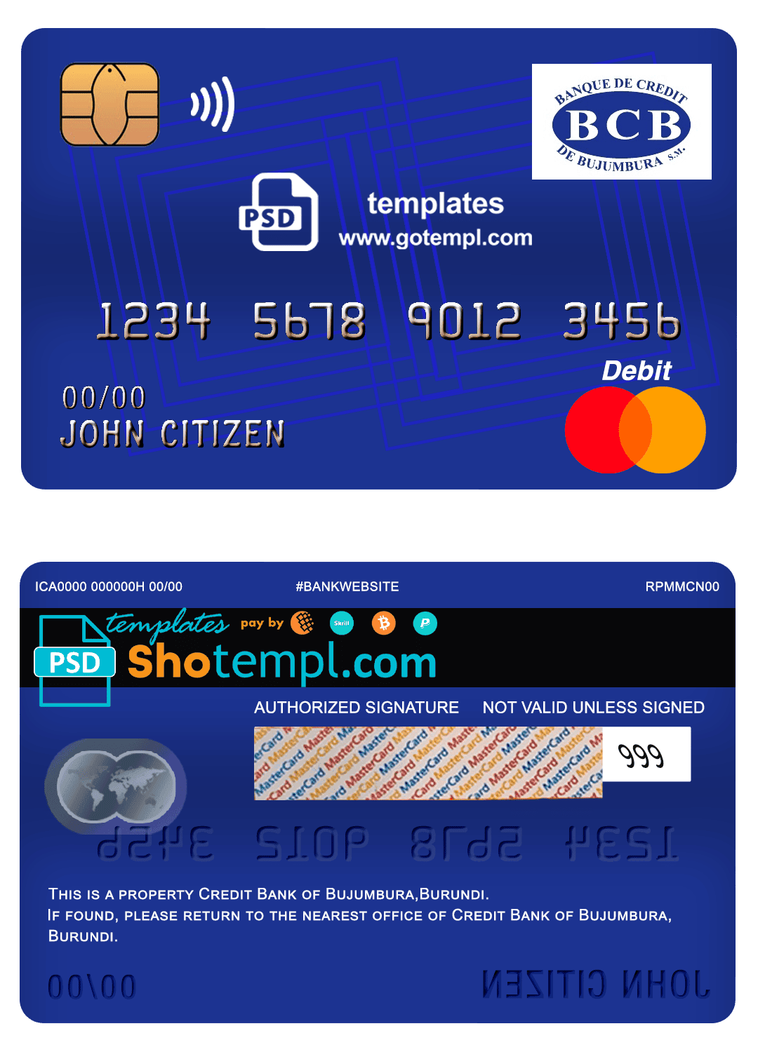 Burundi Credit Bank of Bujumbura bank mastercard debit card template in PSD format, fully editable Burundi Credit Bank of Bujumbura bank mastercard debit card template in PSD format, fully editable