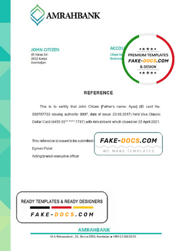Azerbaijan Amrahbank bank account closure reference letter template in Word and PDF format