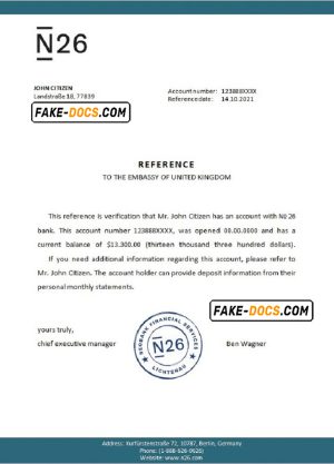 Germany N26 bank account reference letter template in Word and PDF format