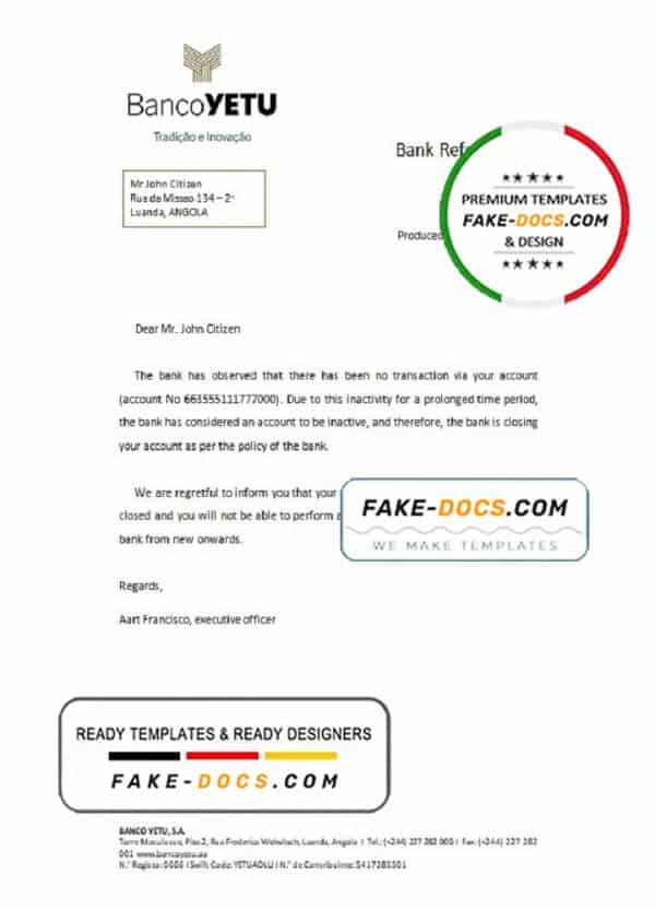 Angola Banco Yetu bank account closure reference letter template in Word and PDF format