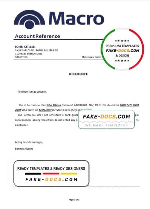 Argentina Banco Macro bank account closure reference letter template in .doc and .pdf format