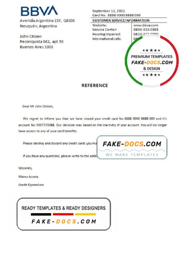 Argentina BBVA bank account closure reference letter template in Word and PDF format