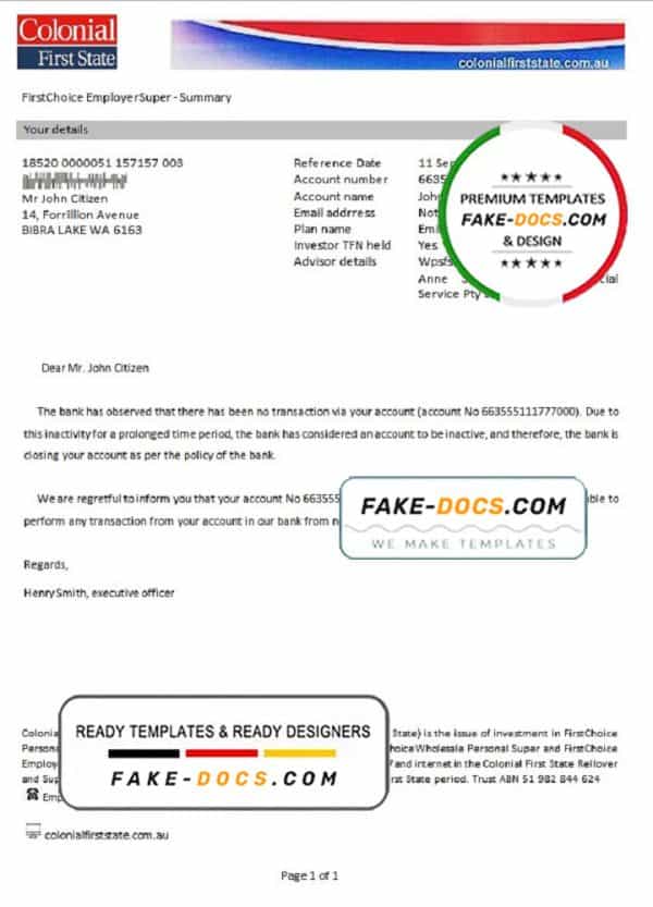 Australia Colonial First State bank account closure reference letter template in Word and PDF format