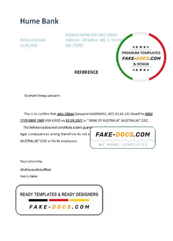 Australia Hume bank account closure reference letter template in Word and PDF format