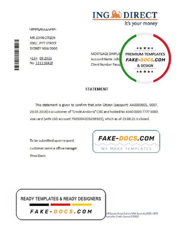 Australia ING Direct bank account closure reference letter template in Word and PDF format
