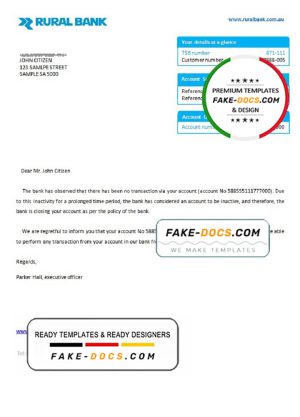 Australia Rural bank account closure reference letter template in Word and PDF format